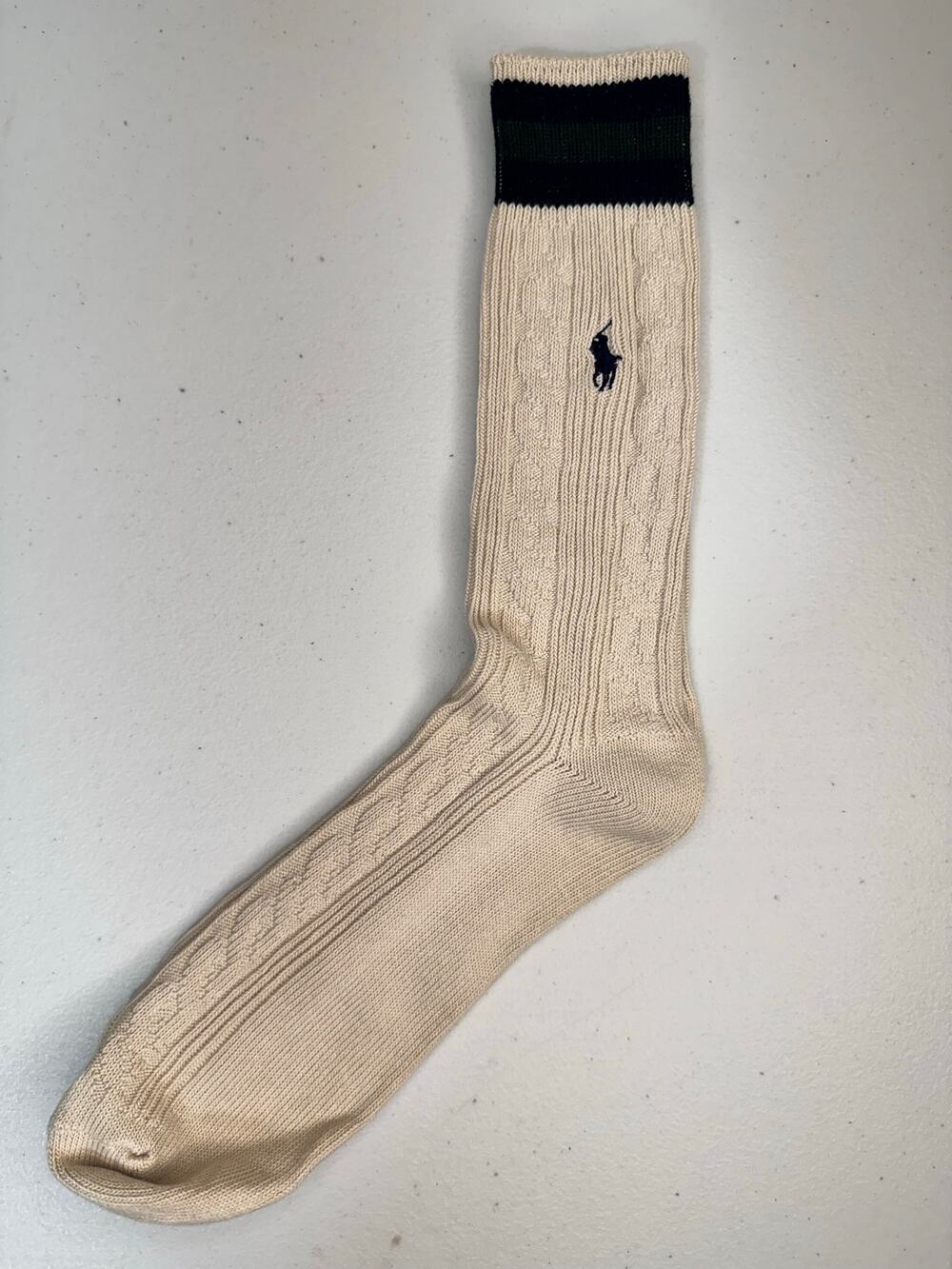 VTG Polo Ralph Lauren Beige Cable Knit Men's Dress Socks Black Embroidered Logo